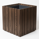 A square planter with a dark brown wood-look slatted exterior and a black interior, shown on a clean white background.