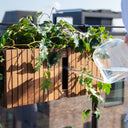 Modern Danish wooden balcony planter with green plants