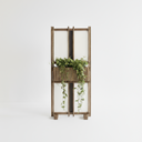 Freestanding oak Shoji room divider with acoustic felt panel and integrated planter